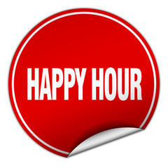 happy hour round red sticker isolated on white