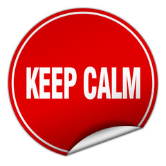 keep calm round red sticker isolated on white