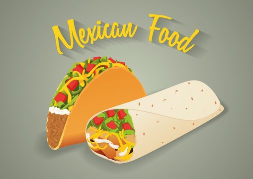 Mexican food illustration in vector format. Tacos and burritos with text message.