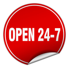 open 24 7 round red sticker isolated on white