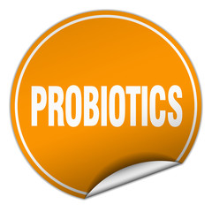 probiotics round orange sticker isolated on white