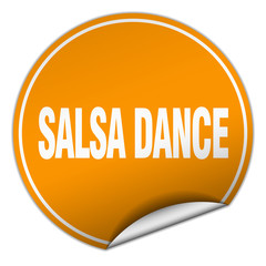 salsa dance round orange sticker isolated on white