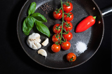 Fraying pan with vegetables for pasta souse from above