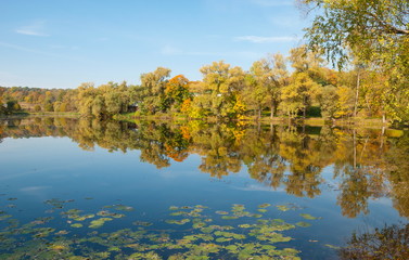 Fototapeta na wymiar Autumn landscape with forest lake