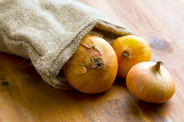 fresh onions in jute sack