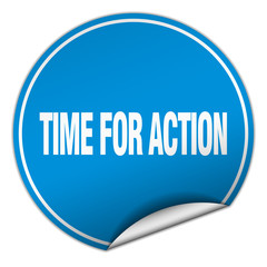 time for action round blue sticker isolated on white