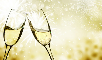 Holiday background with sparkling lights and champagne