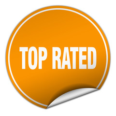 top rated round orange sticker isolated on white