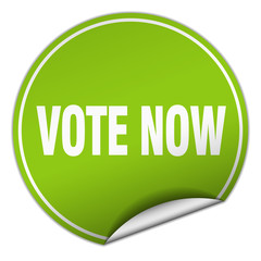 vote now round green sticker isolated on white