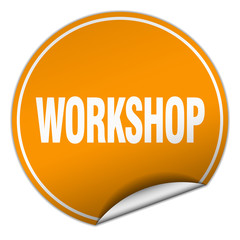 workshop round orange sticker isolated on white