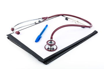 Blank clipboard with stethoscope on white background