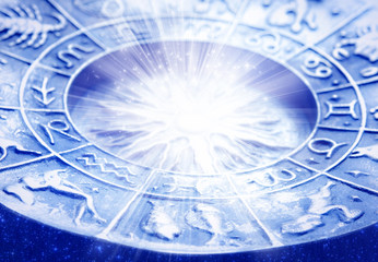 Fototapeta na wymiar zodiac symbol with astrological symbols magic rays of lights