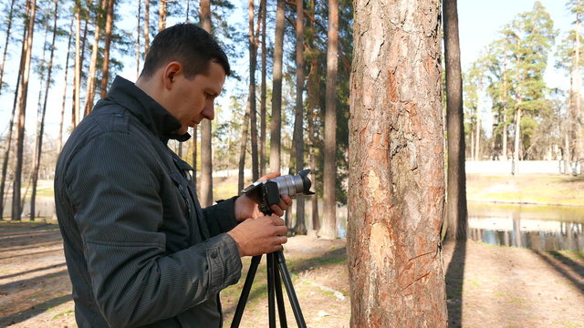  man  photographer adjusts  camera near tree.4K 3840x2160