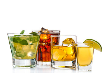 Various cocktails, drinks and shots over white background