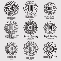 Retro design luxury insignias logotypes template set. Line art vector vintage style victorian swash elements. Elegant geometric shiny floral frames.