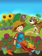 Cartoon farm scene with a happy farmer - illustration for the children
