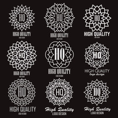 Retro design luxury insignias logotypes template set. Line art vector vintage style victorian swash elements. Elegant geometric shiny floral frames.