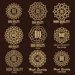 Retro design luxury insignias logotypes template set. Lineart vector vintage style victorian swash elements. Elegant geometric shiny floral frames. - 94270279