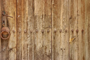 Old Wood Plank Panel With Forged Rusty Iron Nails Texture