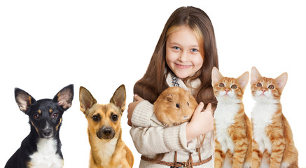 smiling girl and a set of pets