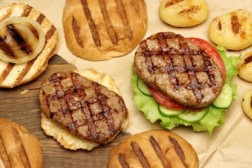 Picnic Lunch With Homemade BBQ Grilled Burgers, Top View