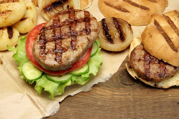 Picnic Lunch With Homemade BBQ Grilled Burgers, Top View