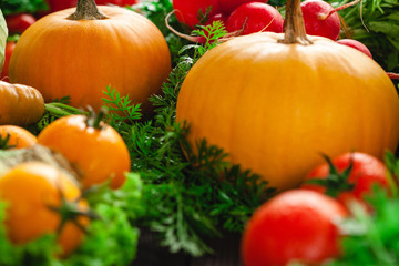 Fresh vegetables on dark wooden table.