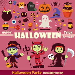 Vintage Halloween character poster design set with witch, devil, reaper 