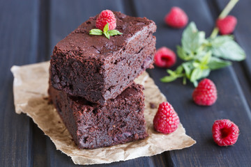 Chocolate brownie with raspberries.selective focus