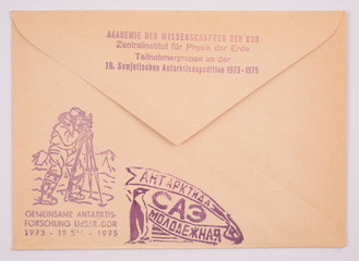 Russia around 1973: Postage envelope edition of Moscow shows the image postmarks international scientific expedition to Antarctica Youth