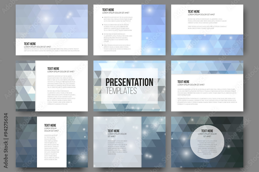 Poster set of 9 templates for presentation slides. abstract blue