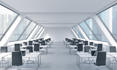 Workplaces in a bright modern open space loft office. White tables equipped by modern laptops and black chairs. Singapore panoramic view in the windows. 3D rendering.