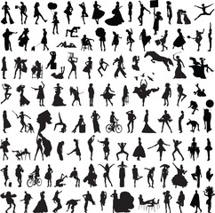 Fototapeta na wymiar More than 100 female silhouettes in different situations.