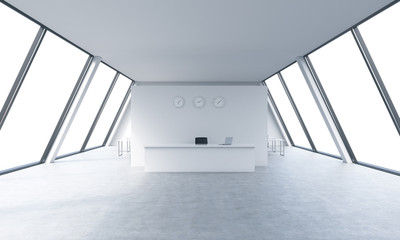 Reception area with clocks and workplaces in a bright modern open space loft office. White tables. White copy space in the panoramic windows. The concept of luxury consulting services. 3D rendering.