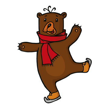 smiling Bear in red scarf skating on ice, vector illustration