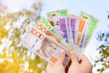 Woman holding new swedish bank notes, outdoors against trees. NOTE: the new 2015 model.