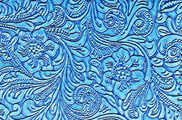 Blue Leather Embossed with a Floral Pattern