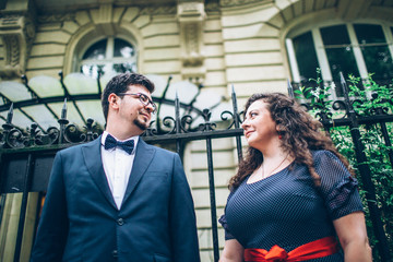 Bride and groom having a romantic moment on their wedding day in Paris