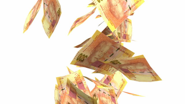An array of south African two hundred rand notes falling through the air on an isolated white background