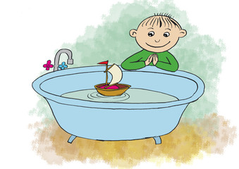 Little boy playing with ship in a bath