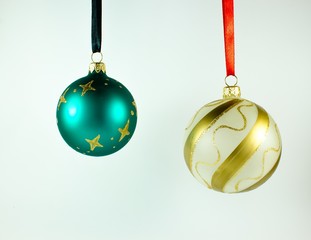 Christmas balls with red and black ribbons