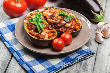 Baked eggplant with pieces of chicken
