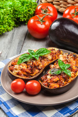 Baked eggplant with pieces of chicken