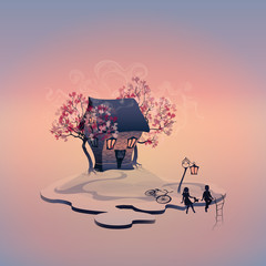 Autumn landscape with brick house on the island. Light in the windows. Abstract trees. Lantern near the road. Staircase to the abyss. Children with dog. Girl and boy. Evening scenery. Vector, EPS 10
