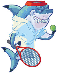 Naklejka premium Mean Cartoon Tennis Player Shark with Racquet and Ball