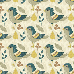 Vector seamless pattern with birds and leaves