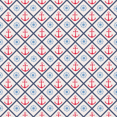 Seamless pattern with cross lines, steering wheel and anchor. 