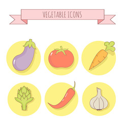 Set of six vector vegetable icons. Linear style.