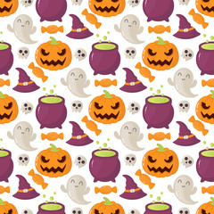 Seamless halloween pattern with skulls, pumpkins, hats, candy an