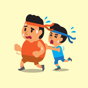 Cartoon sport man helping fat man to run